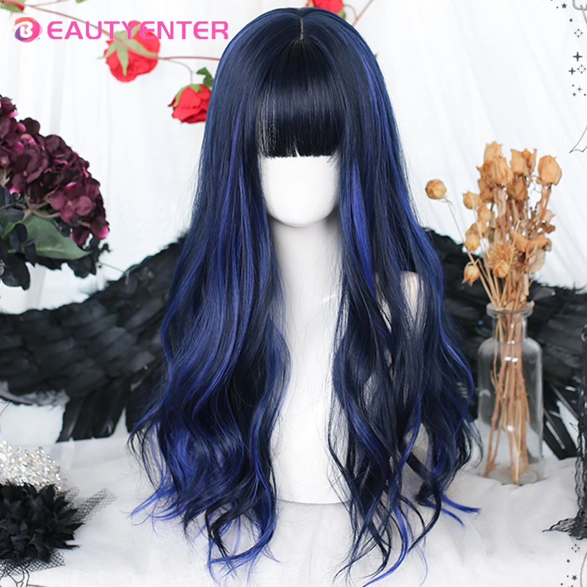 Synthetic wig Lolita wig Blue highlight black large wave curls Natural long hair curls For Cosplay With Bangs