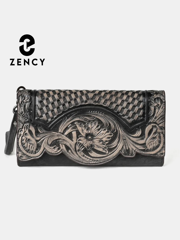 Zency Vintage Women's Wallets Genuine Leather Large Capacity Coin Purse Card Holders High Quality Long Wallet Black Coffee Brown