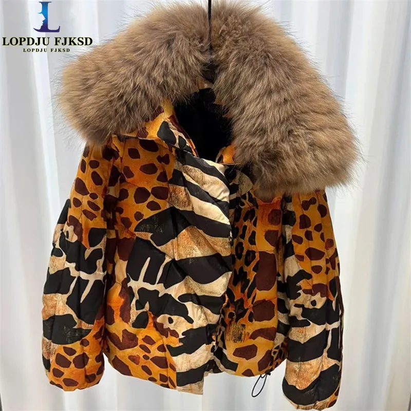 Women's Leopard Print down Jacket European Winter Natural Raccoon Fur Collar Short Warm Duck down Coat