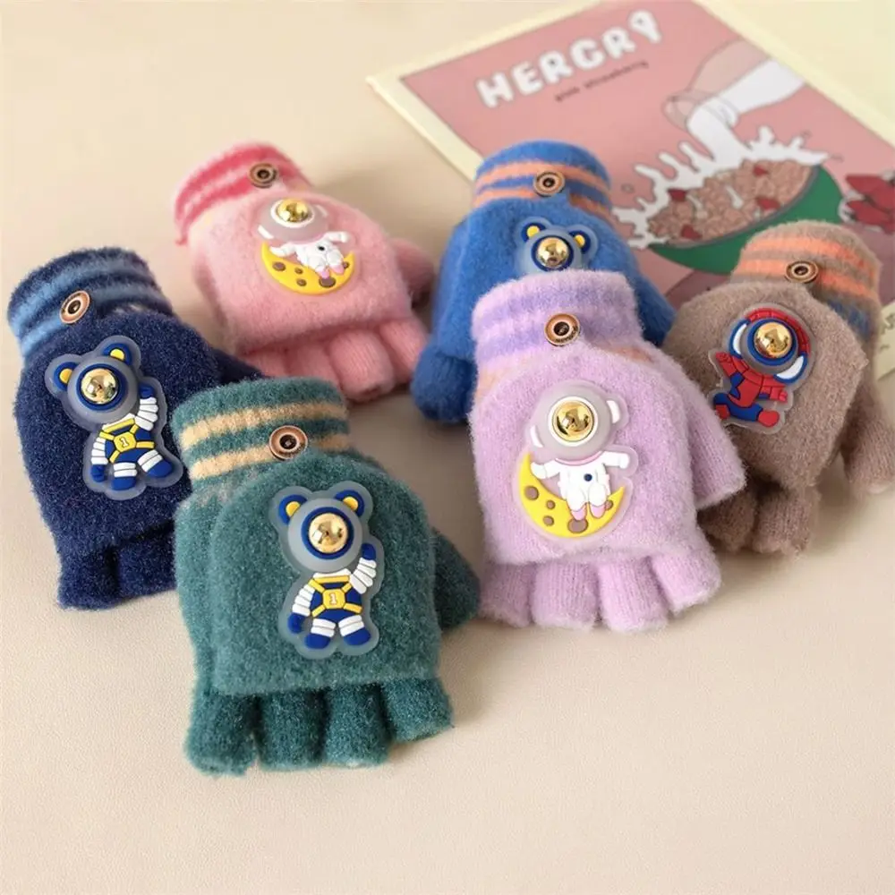 قفازات شتوية لرائد الفضاء المتوهجة لركوب الدراجات قفازات دافئة للكتابة للطلاب نصف إصبع قفازات متماسكة للأطفال