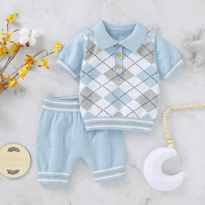 Newborn Baby Clothes Set Cotton Knit Infant Girls Pullover Fashion Turn-down Collar +Shorts Summer Boys Kid Sweater +Pants 0-18M