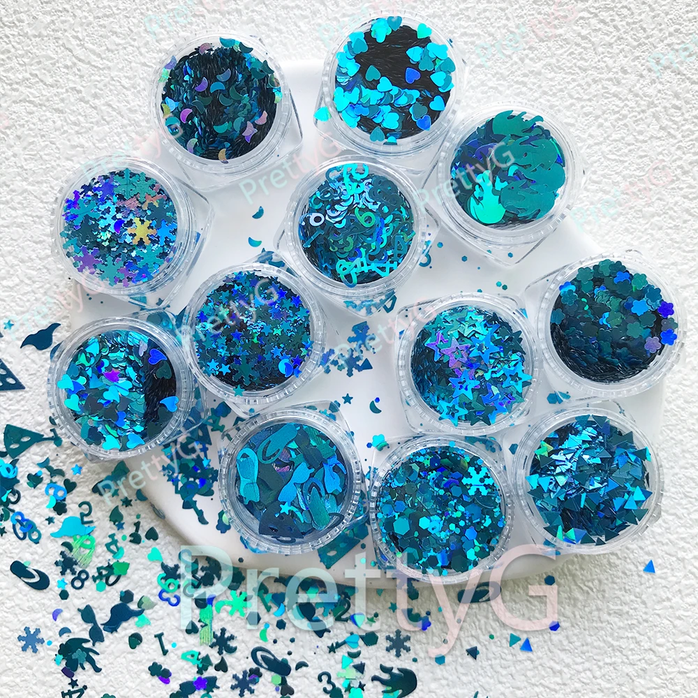 

PrettyG 1 комплект, 12 цветов, коробка, голографический океан, синий блеск, блестки, Санторини, синий блеск для ногтей для смолы, сделай сам, украшение для дизайна ногтей