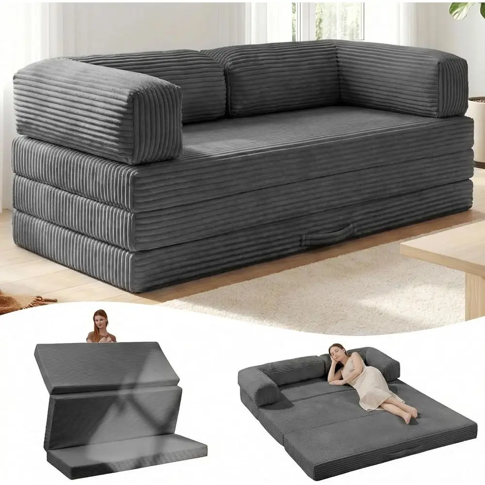 

Convertible Sofa Bed with Pull-Out Mattress, Removable L-Shaped Armrests, Corduroy Upholstery for Living and Sleeping Space