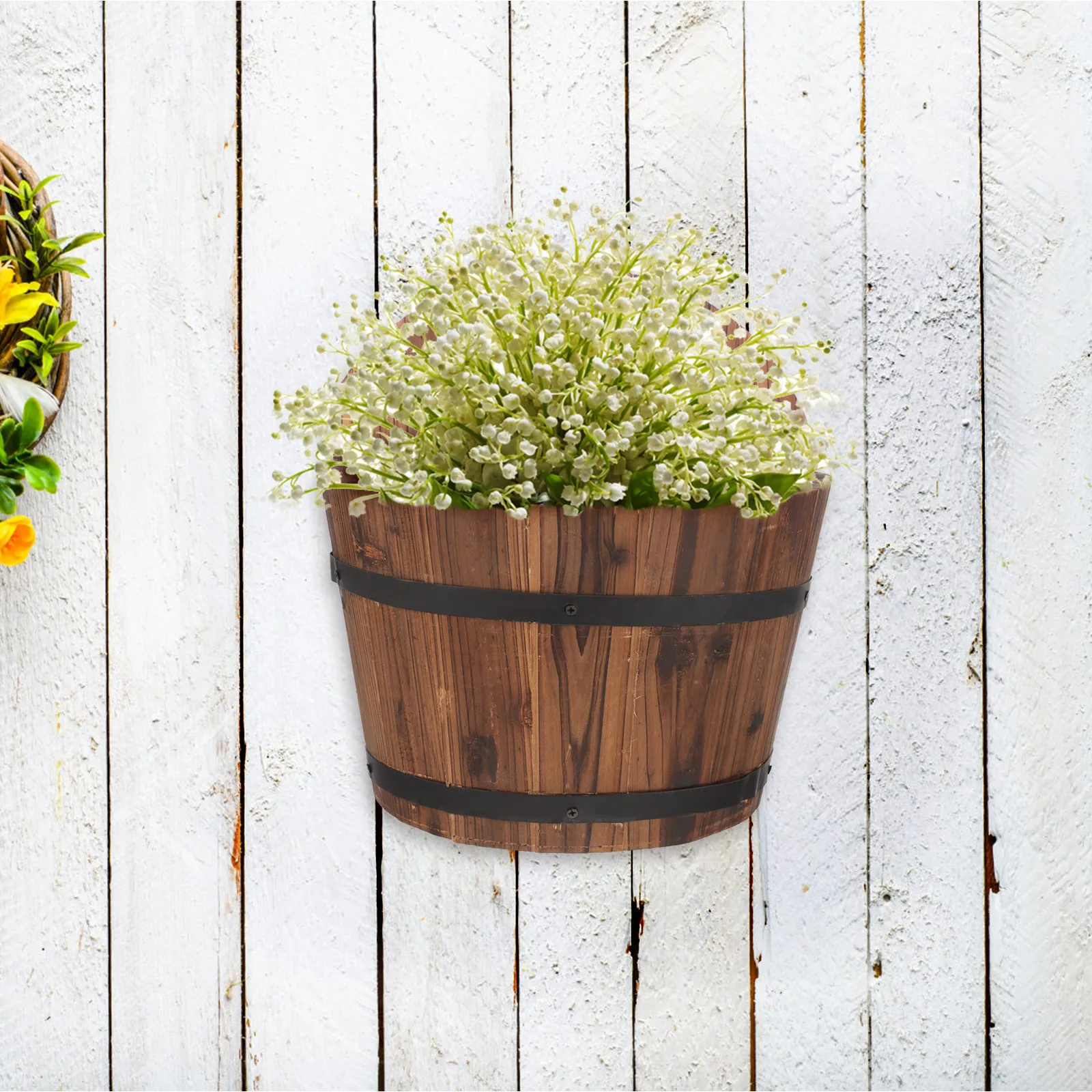

Wooden Hanging Wall Planter Flower Pot Rustic Decorative Flower Bucket for Balcony Garden Home Wall-Mounted Plant Container