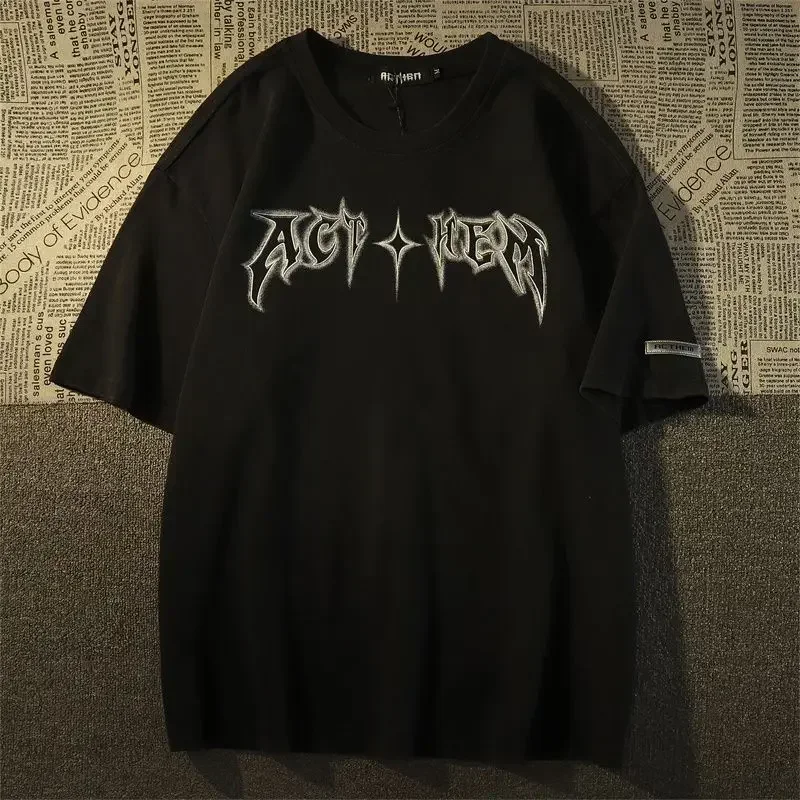 American Vintage Creative Font Star Short Sleeve T-shirt for Men and Women Oversize Summer Loose Couple Wear Cotton Top Clothing