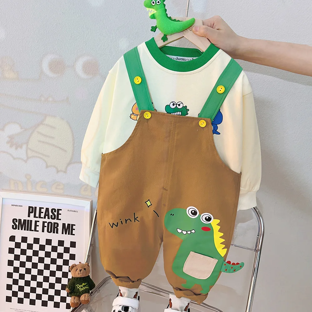 2026 Autumn Baby Clothes For Boys Cartoon Dinosaur Tops Overalls 2Pcs Children Casual Costume Infant Outfits Kids Tracksuits