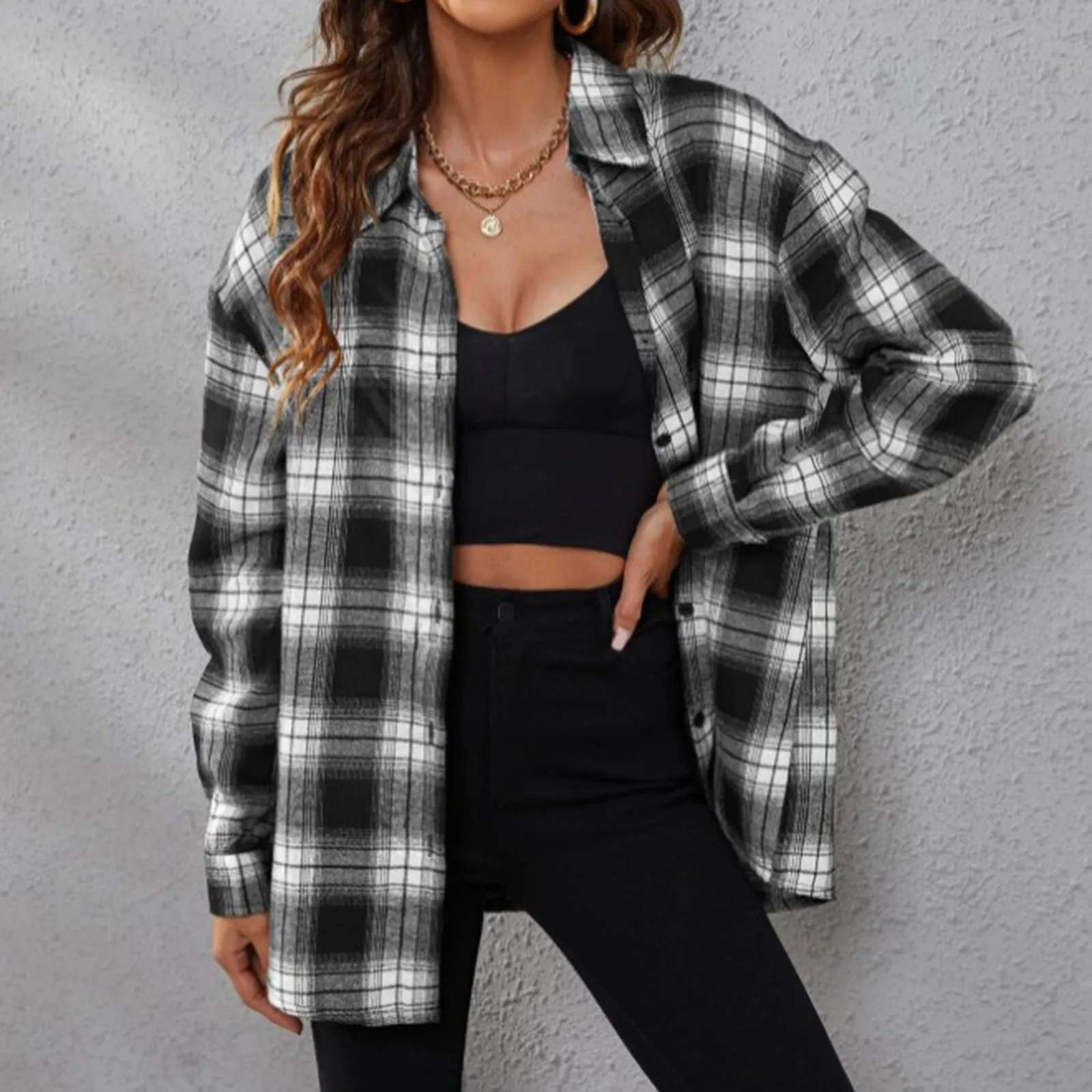 Women Tartan Shirt Long Sleeve Collared Button Up Oversized Plaid Shirt Flannel Jacket Grunge Teenage Girl Spring Autumn Outfit