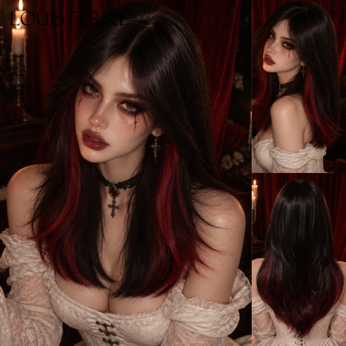 LOUIS FERRE Black and Red Highlight Synthetic Wig for Women Heat Resistant Hair Wig Gothic Vampire Cosplay Halloween Party Wig