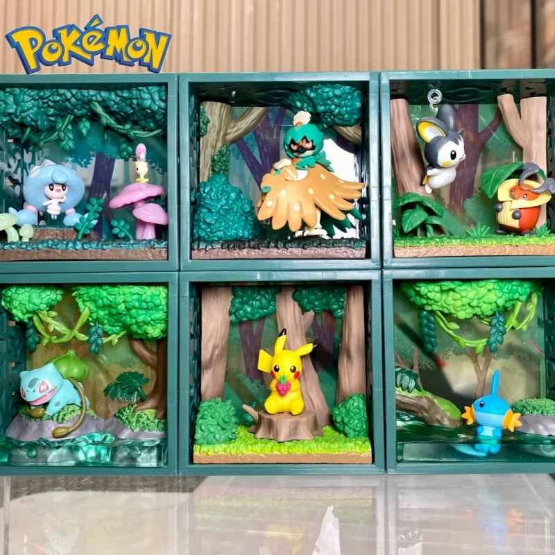 

In Stock Original Re-Ment Frame Deep Green Forest Pikachu Bulbasaur Hattrem Mudkip Pokemon Figure Action Figurine Anime Model