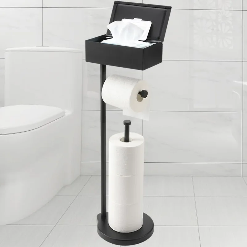 

Toilet Paper Holder Stand with Shelf, Flushable Wipes Dispenser, Free Standing Toilet Tissue Roll Storage Rack Organizer
