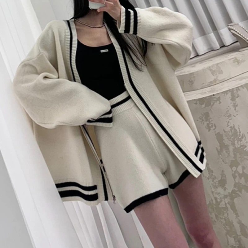 

New Fashion V-neck Long Sleeved Cardigan Women's Sweater Knitted Loose Casual Shorts Two-piece Set