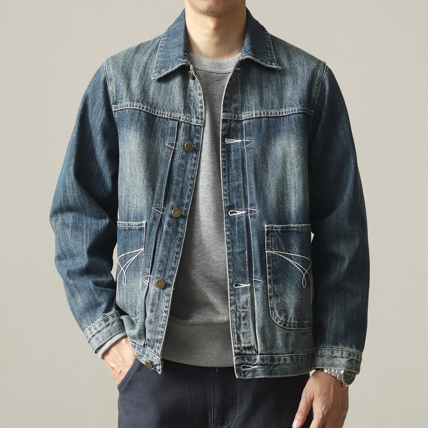 

Autumn New American Retro Long Sleeve Lapel Denim Cargo Jacket Men's Fashion 100% Cotton Washed Multi-pocket Leisure Outerwear