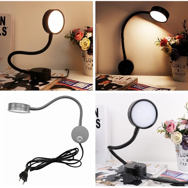 Silver Black Flexible Hose LED book light 3W 5W 7W EU plug Night Light Bedside Reading lamp Study Painting Wall mount book lamp
