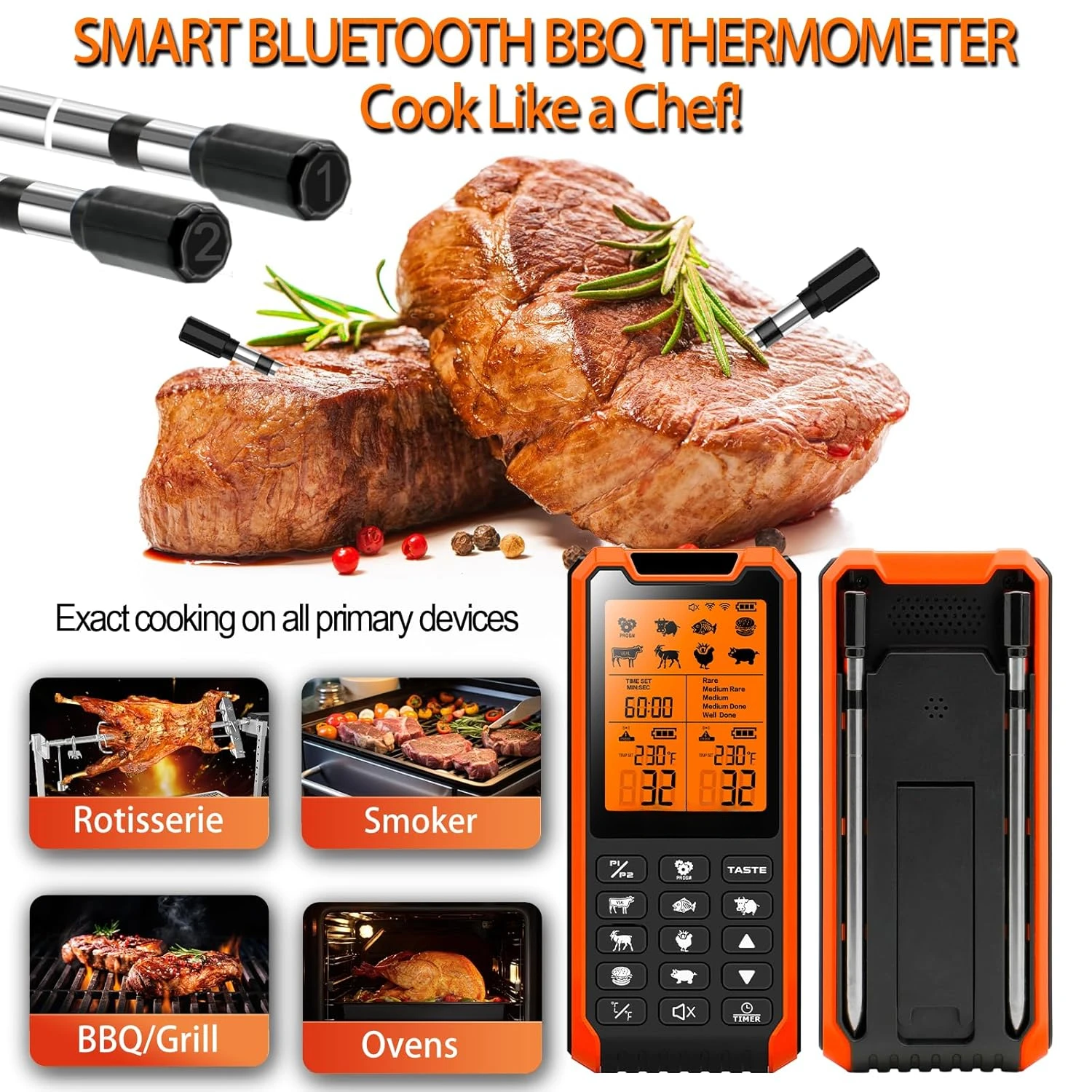 Temp Monitor with Dual Probes for BBQ, Oven, Grill & Smoker-Effortless Steak, Pork, and Turkey Cooking