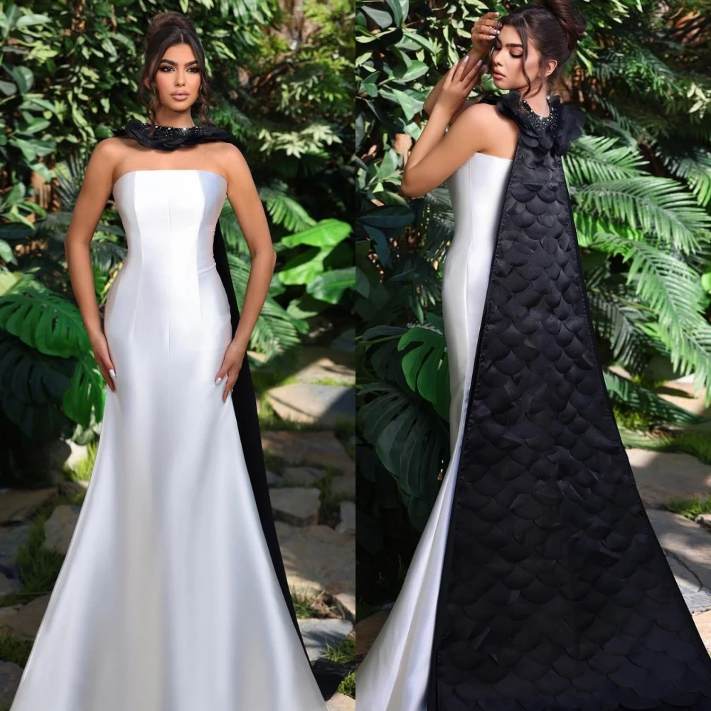 

Elegant Strapless Mermaid Evening Dresses for Musilm Halter Stole Satin Special Occasion Gown Floor Length robes de soirée