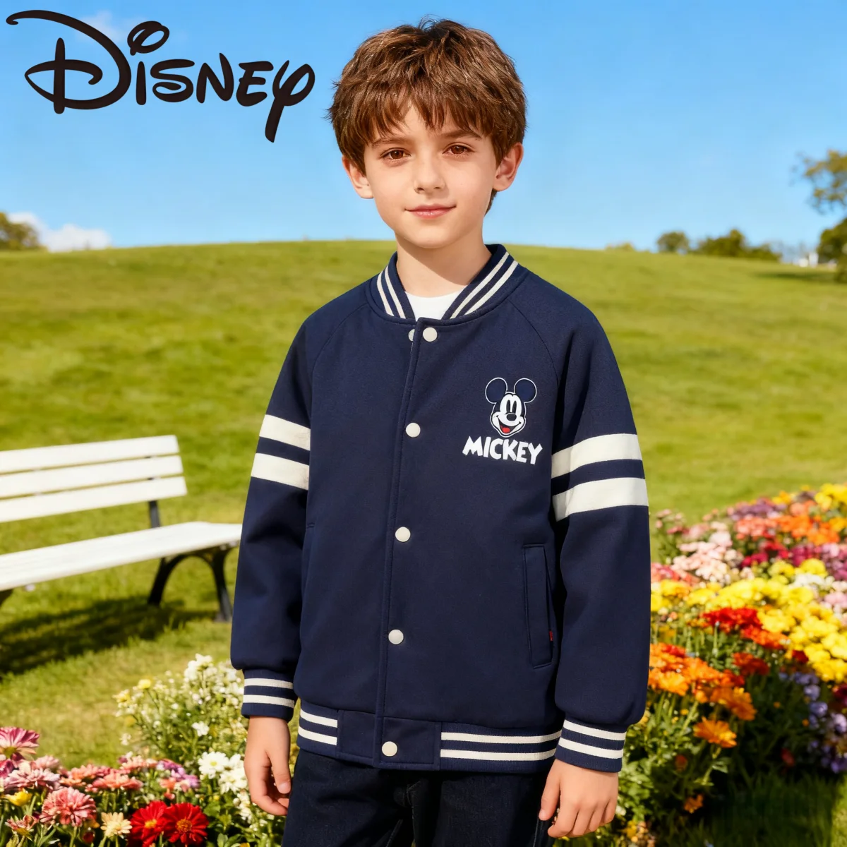 

Disney Kids Thickened Windproof Baseball Jacket Boys Mickey Print Warm-keeping Baseball Outerwear Autumn Winter Preppy Jacket