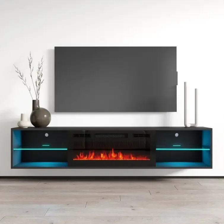 Soporte para TV montado en la pared de diseño moderno, chimenea eléctrica incluida de hasta 88 pulgadas, mueble para TV para sala de estar