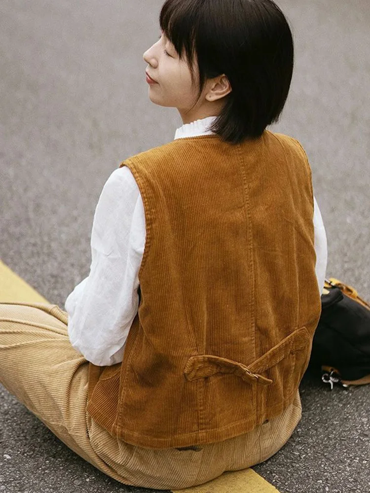 Zoki Vintage Women Corduroy Vest Fall Loose Preppy Style Sweet Vest Jacket Japan Casual Pockets Female O Neck Retro Solid Tops
