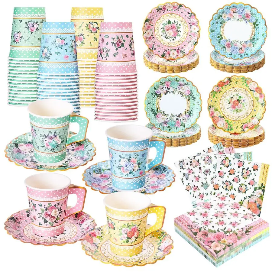 

Pcs Floral Paper Tea Cups and Plates 9 OZ Disposable Paper TeaCups and Saucers with Tea Party Napkins Set for Tea Party Decorati