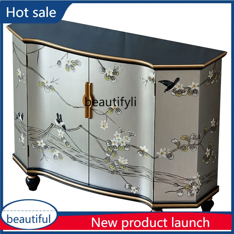 cqy New Chinese Style Corridor Entrance Hallway Entryway Decorative Cabinet with Painted Silver Foil Sideboard