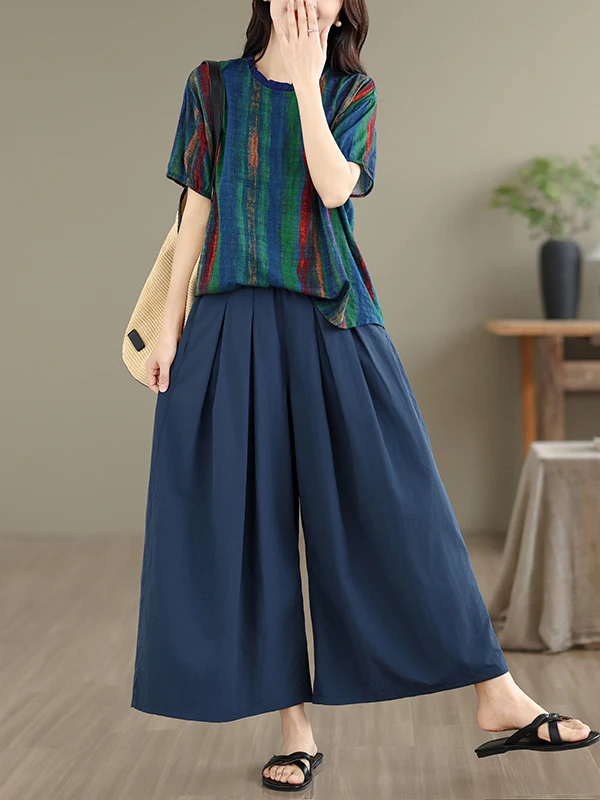 

Retro Loose Feelings Women's Summer Stripes Short Sleeve T-Shirt Top Nine Points Wide Leg Pants Two Piece Set