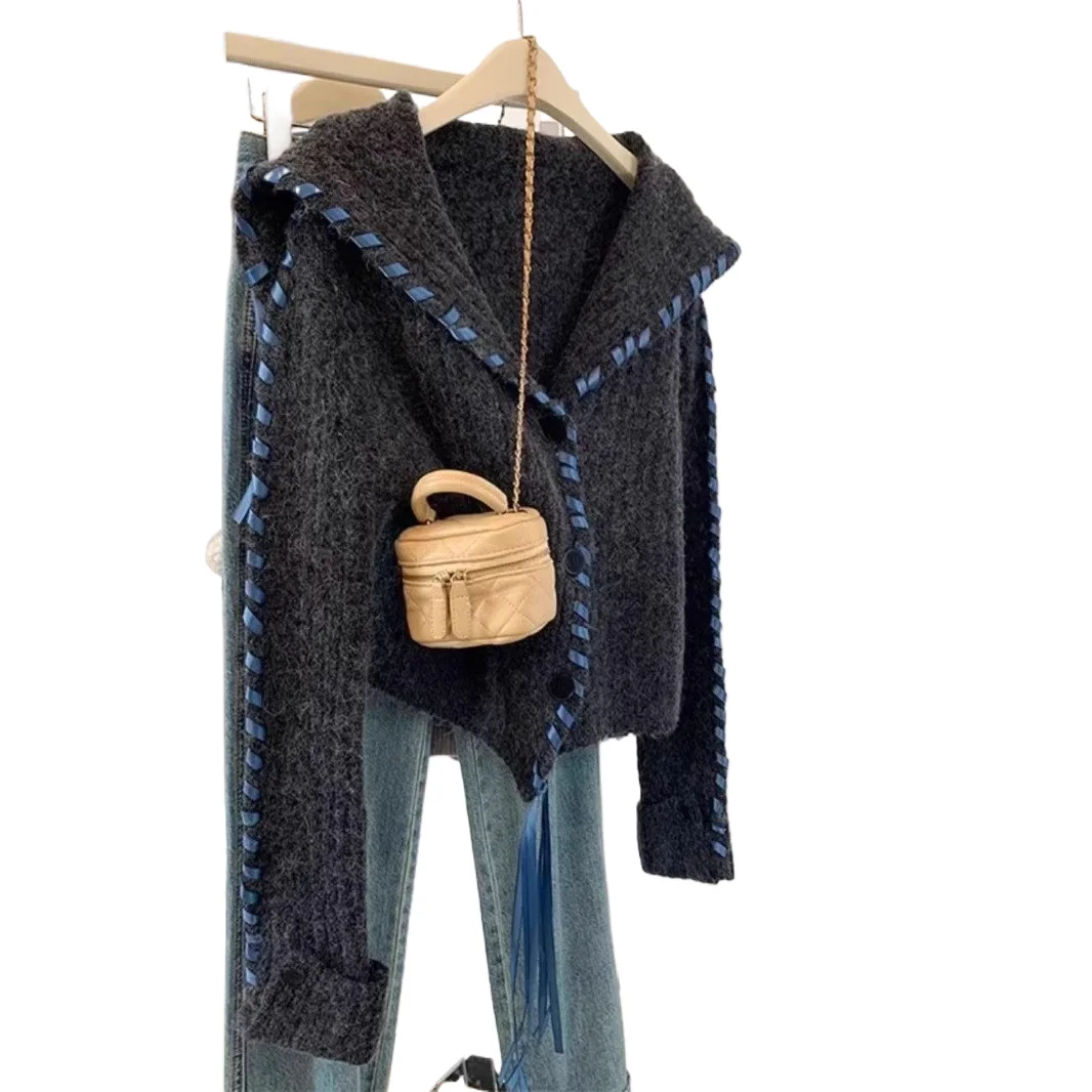 

Dark Gray Navy Collar Sweater Unique patchwork Ribbon Tassel Short Cardigan Women Autumn Winter 2025 New Long Sleeved
