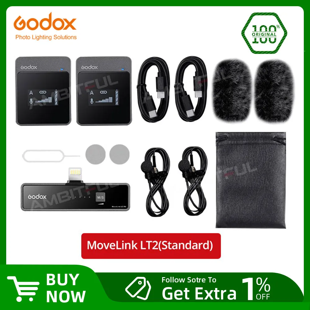 Godox MoveLink M2 UC2 LT2 2.4GHz Wireless Lavalier Microphone for DSLR Cameras Camcorders Smartphones, and Tablets for YouTube