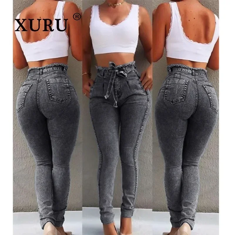 XURU-Elastic Tassel Jeans for Women, High Waisted, Long Belt, Slim Fit, Sexy, European and American, K7-692