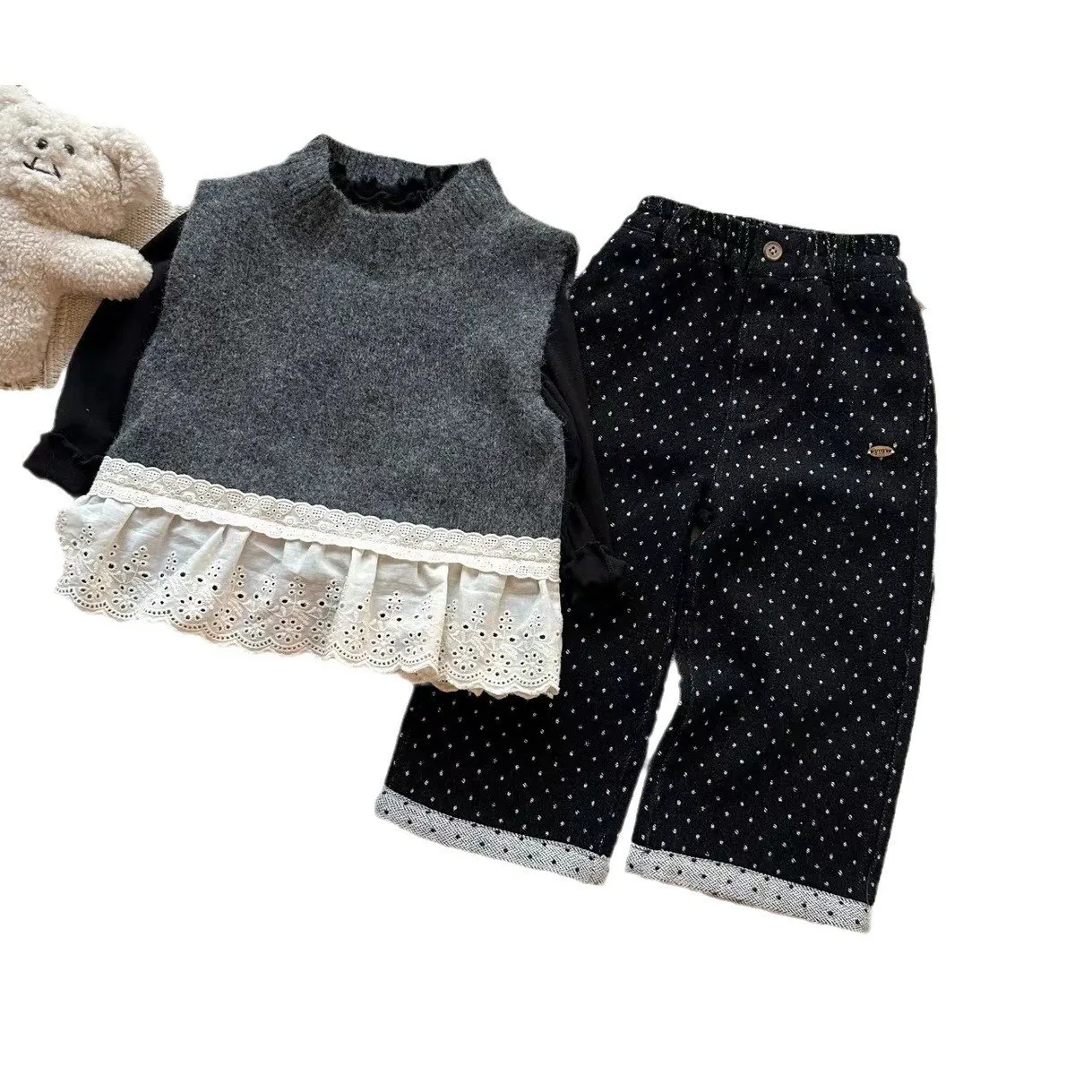 Girl\'S Sweet 3pcs Sets Autumn Children Kids Infants French Long-Sleeved Shirt +Knitted Vest Fashion+Polka Dot Trouser Suit