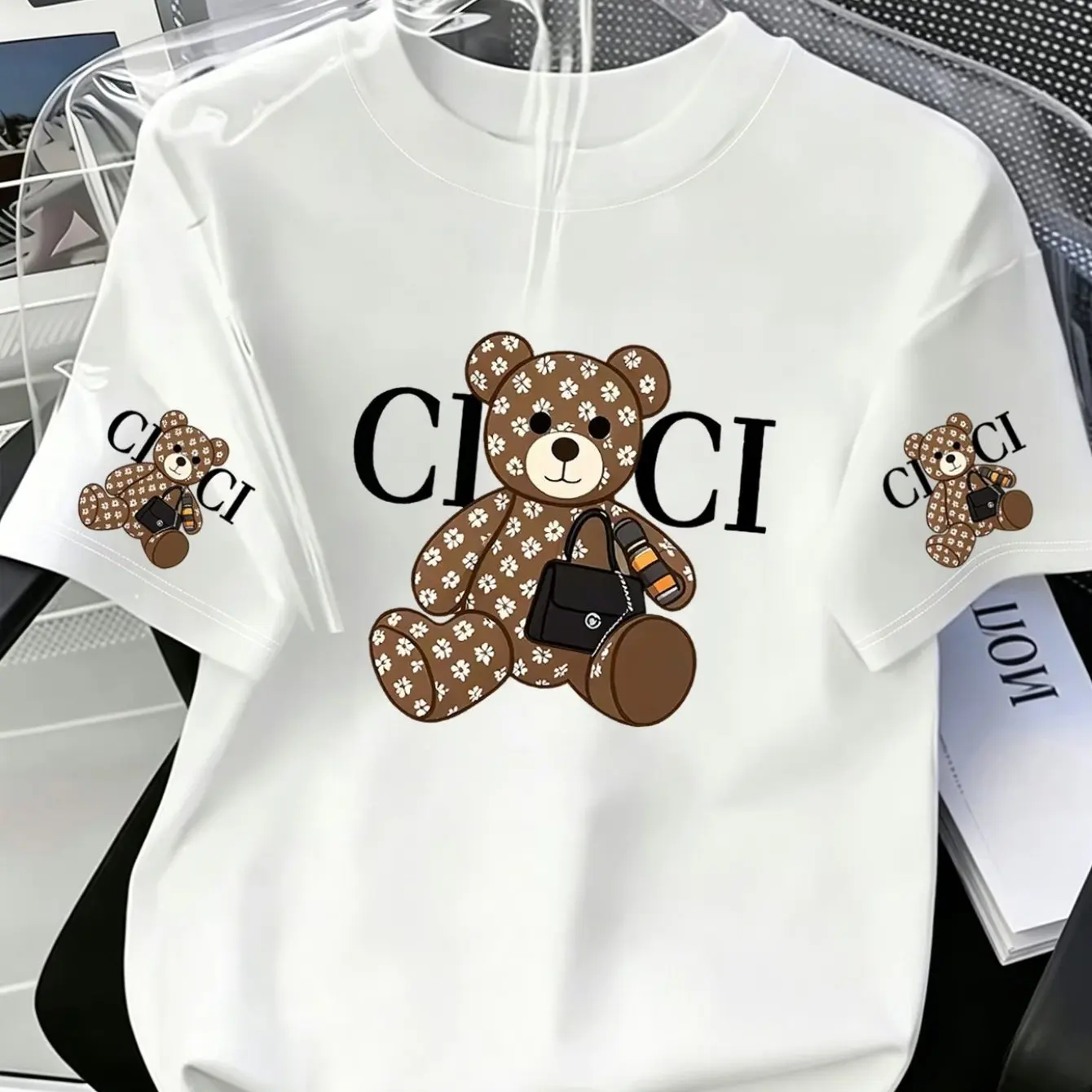 Unisex Cotton T‑Shirt Monogram Bear & CI‑CI Letter Print Chest Sleeve Design O‑Neck  Streetwear Summer Casual Short‑Sleeve Tops