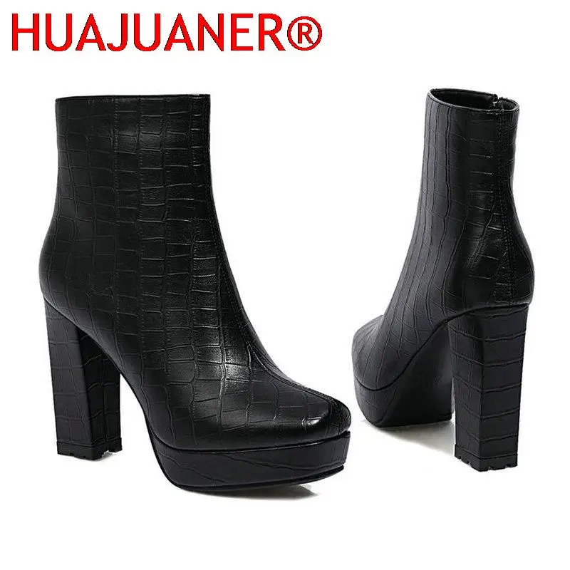 

Platform Women Boots Faux Leather Square High Heel Ankle Boots Zipper Boots Autumn Winter Ladies Shoes Black Brown