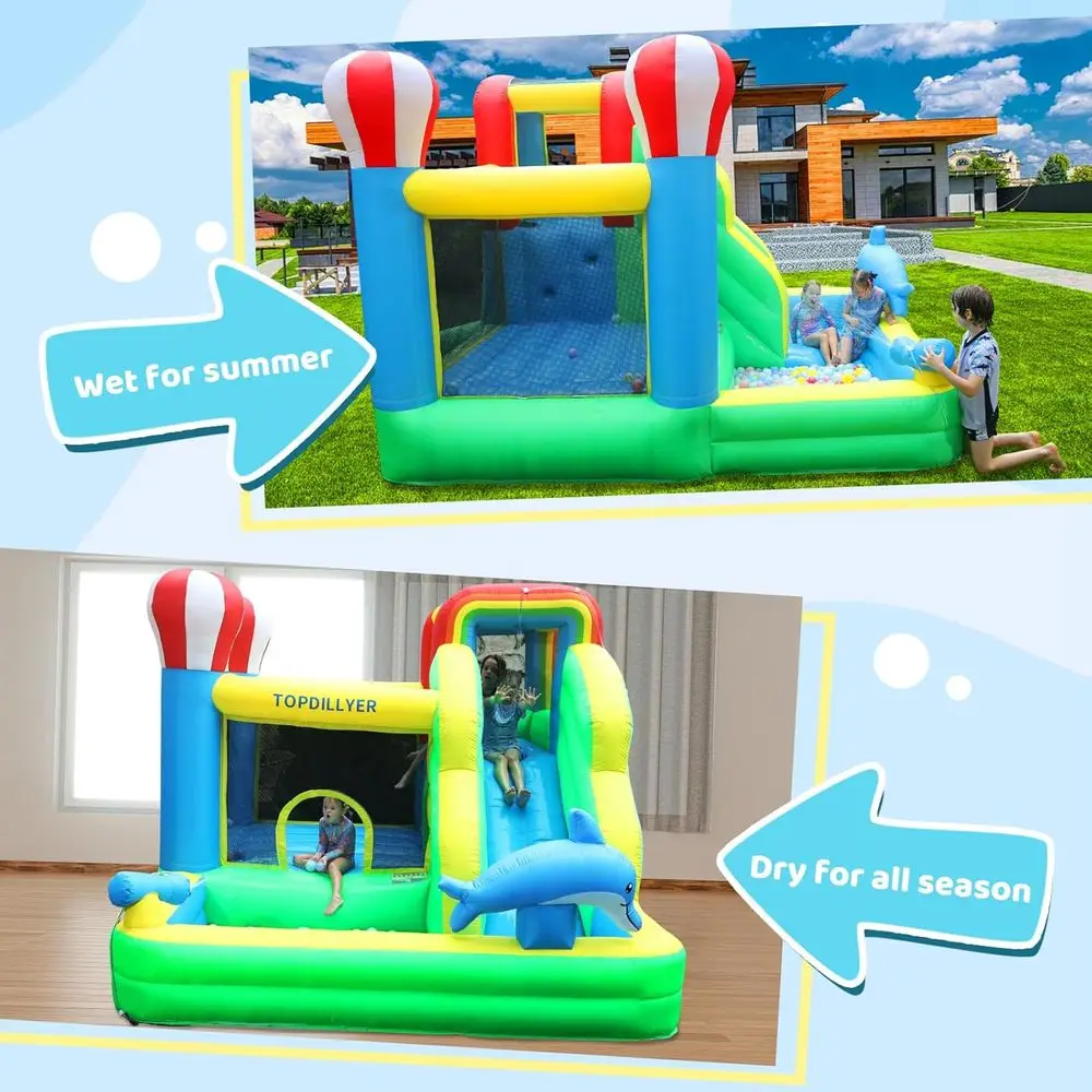Scivolo d'acqua Iatable Bounce House per cortile esterno interno, castello gonfiabile regalo per feste per bambini 3-10 con piscina antispruzzo, arrampicata W