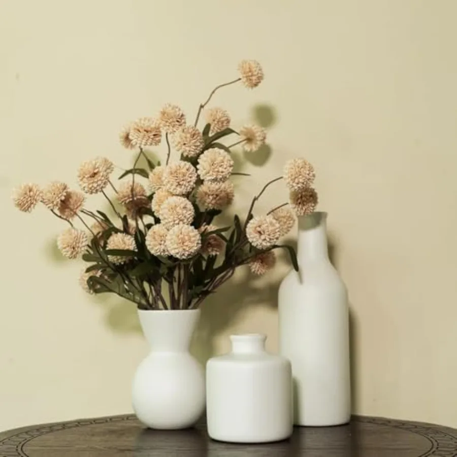 

Fake Flowers in Vase for Centerpieces, Faux Flowers in Modern Ceramic Vase Set of 3 with 8 Artificial Autumn Chrysanthemums Art