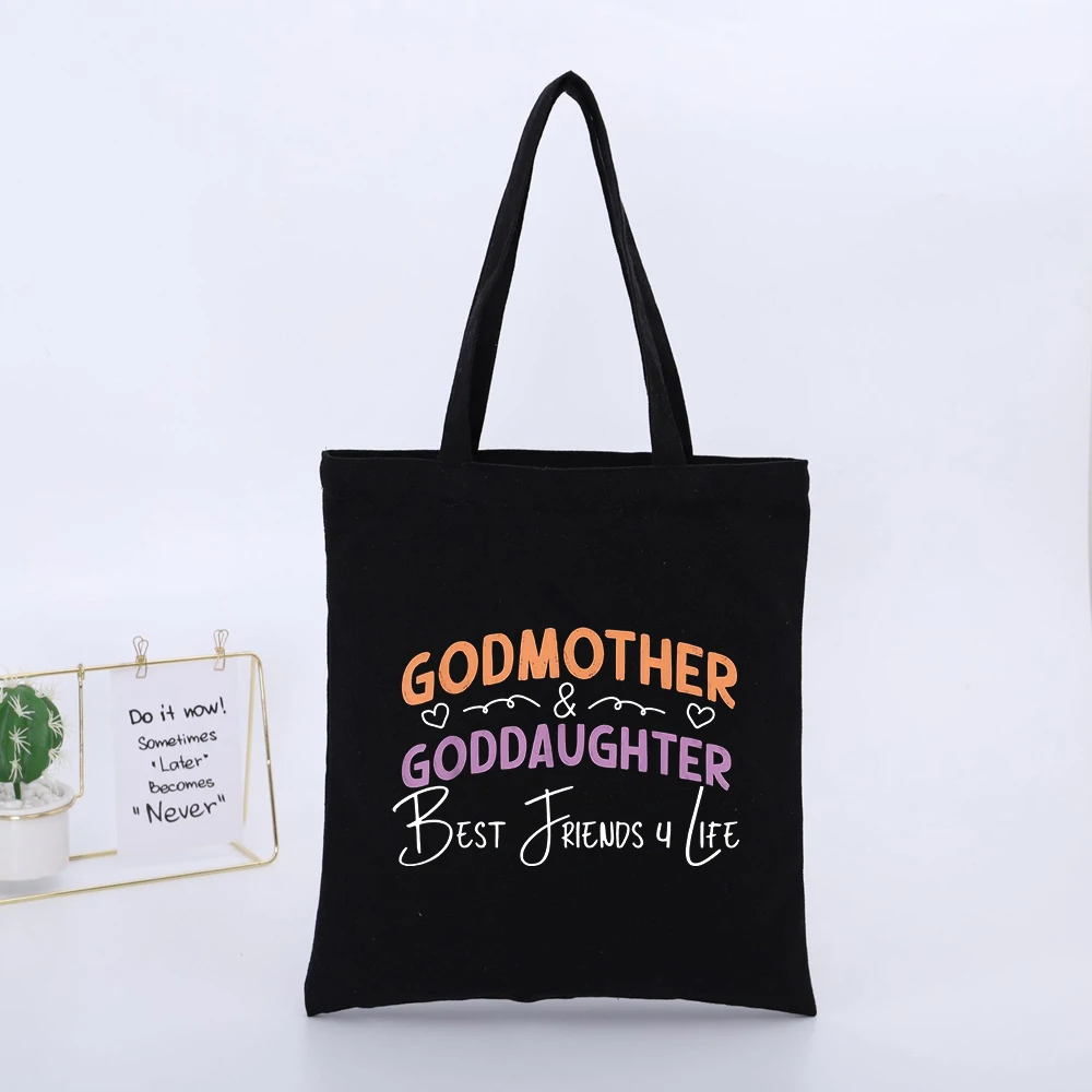 GODMOTHER & GODDAUGHTER BEST FRIENDS 4 LIFE Black Canvas Tote Bag, Casual Style for Daily Use and Special Occasions