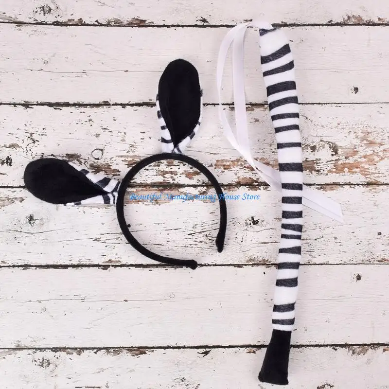 

E56A Funny Animal Costume Set Leopard Ears Hair Hoop Tail Cosplay Accessories