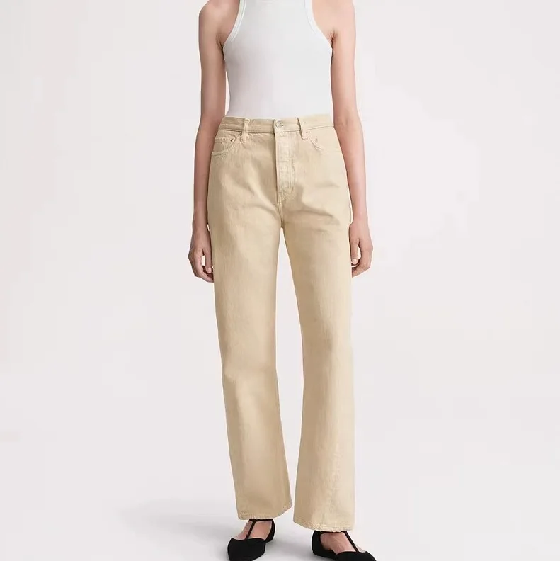 

Withered Beige Cotton Mid Waist Straight Leg Casual Versatile Denim Pants That Look Slimming Women's Pants And Trousers