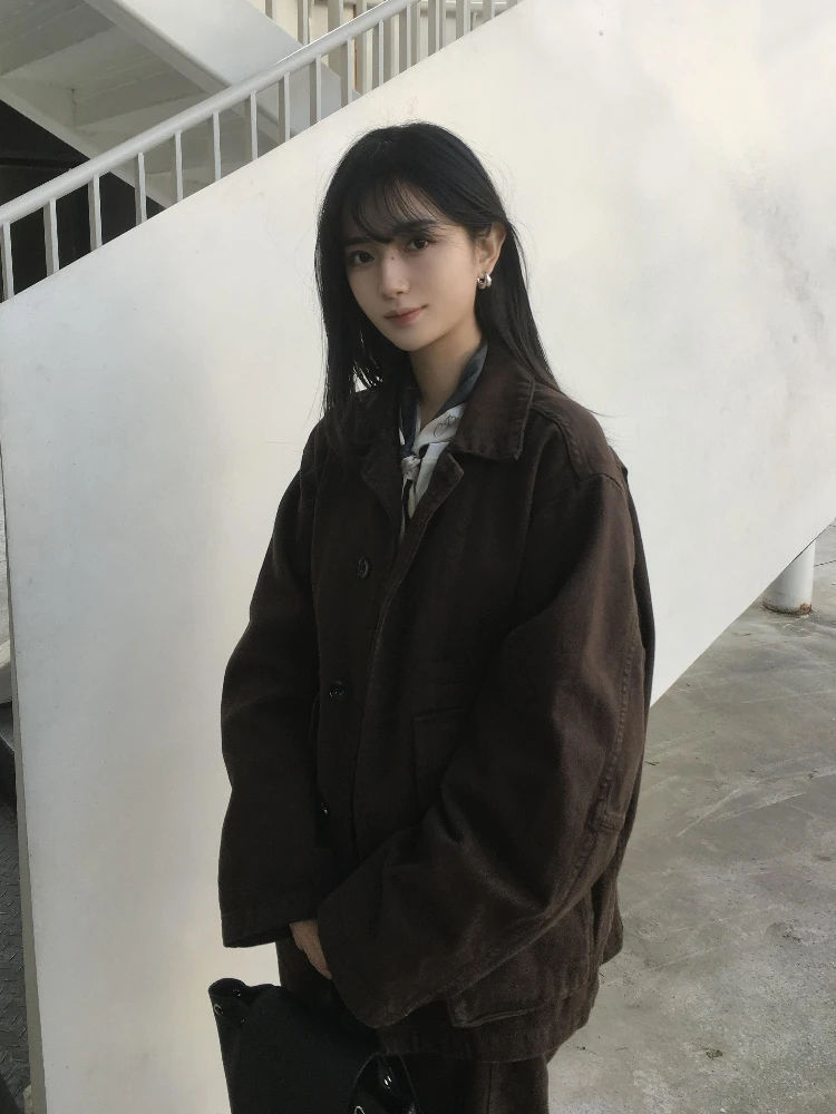 

Spring Casual Coffee Denim Jaet Women's Sle 2025 New Loose Fit Cotton Polyester Blend Long Sve Button up Coat