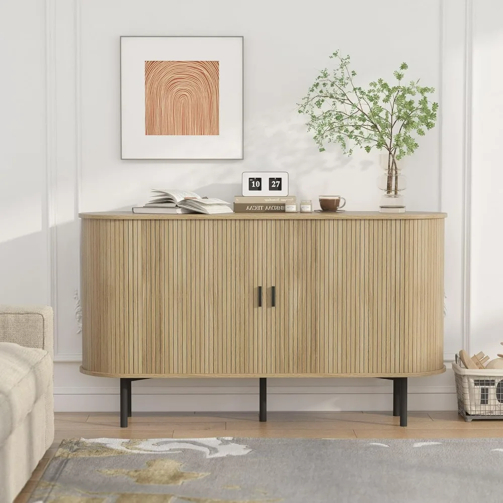 55'' Natural Buffet Sideboard Cabinet Fluted Storage Accent Cabinet Curvy Edge,Adjustable Shelves,Credenza,Modern Console Table