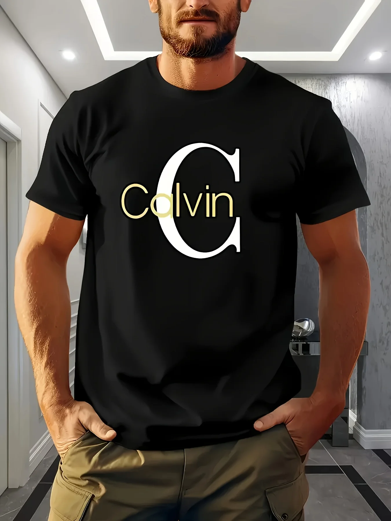 

Men's Casual Short Sleeve T-Shirt - Summer Breathable Round Neck Tee with Bold 'Calvin' Graphic Print
