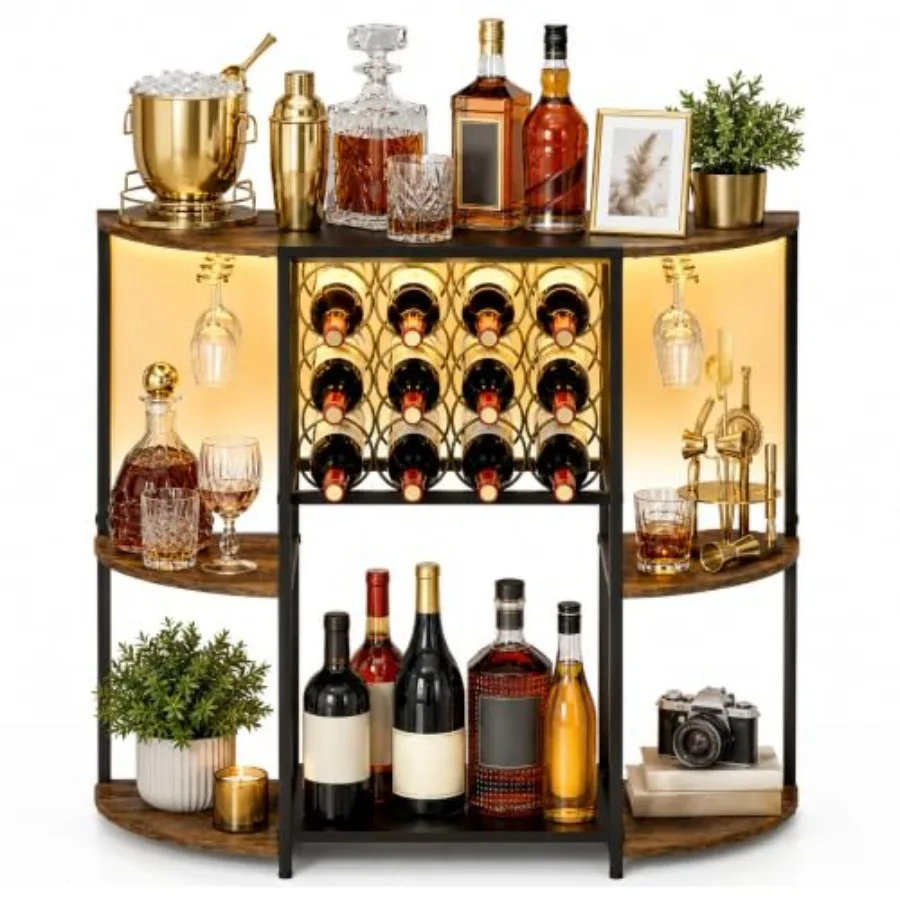 Wine Bar Cart with LED Lights for home bar use, rustic brown wood, 3-tier design with mini wine rack, storage and glass holder,