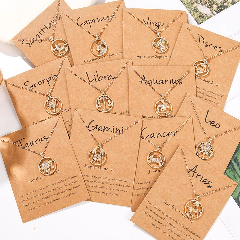 12 Zodiac Sign Necklaces For Women Constellation Pendant Clavicle Chain Choker Jewelry With Cardboard Card Birthday Jewelry Gift