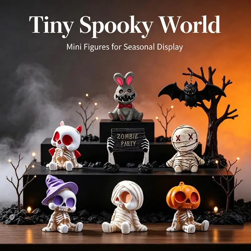 7Pcs Spooky Halloween Resin Mini Figurines Kit Pumpkins Ghosts Skulls Ornaments For Home Garden Party Scene Decor
