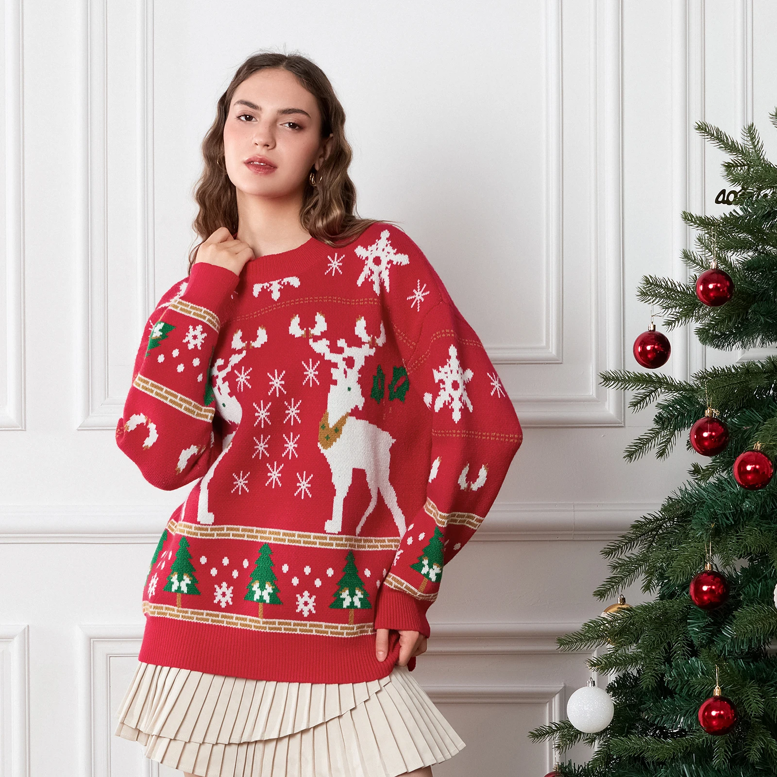 

Women 2024 Christmas Sweater Elk Snowflake Christmas Tree Print Round Neck Long Sleeve Pullovers Winter Loose Knit Jumpers