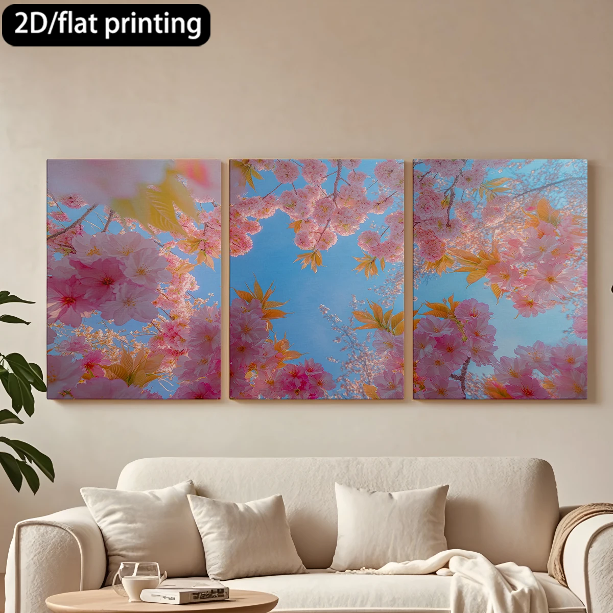 

Декоративная картина на холсте в деревянной раме, 3 шт., с изображением цветущих вишневых деревьев, ясного голубого неба, весны. Декор для коридора и спальни.