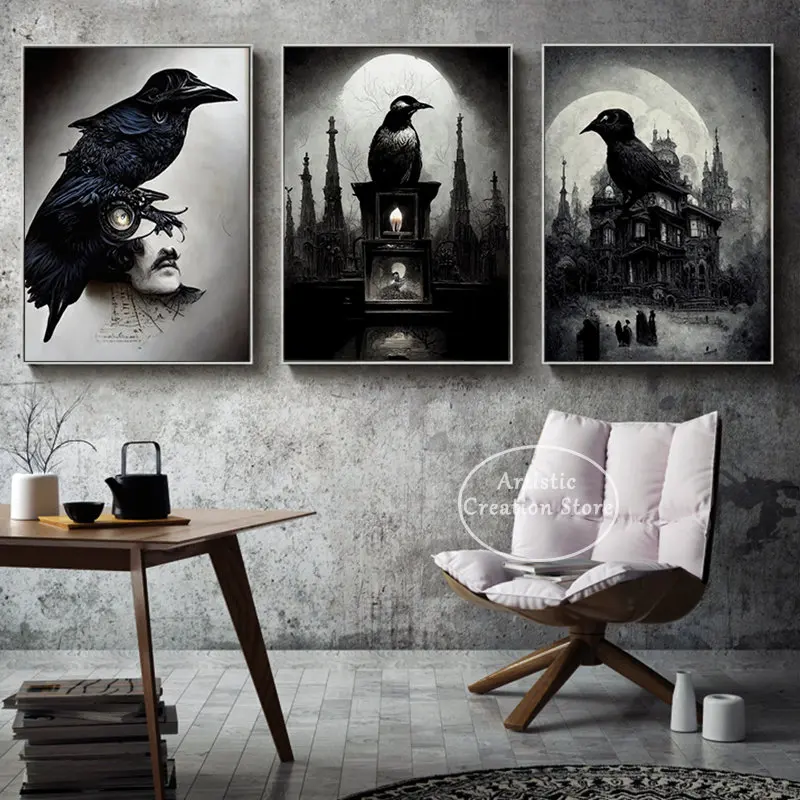 The Raven Poem Poster Edgar Allan Poe Raven Illustration Art Canvas Painting Print Wall Pictures for Living Room Home Decor Gift