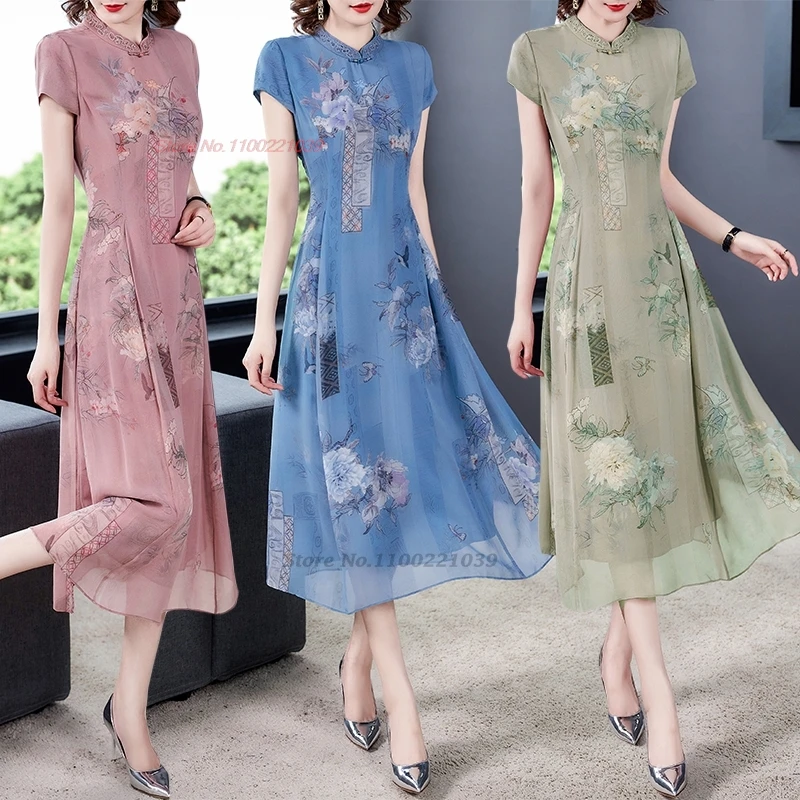 2025 chinese vintage dress improved cheongsam national flower print a-line chiffon qipao oriental banquet evening dress vestido