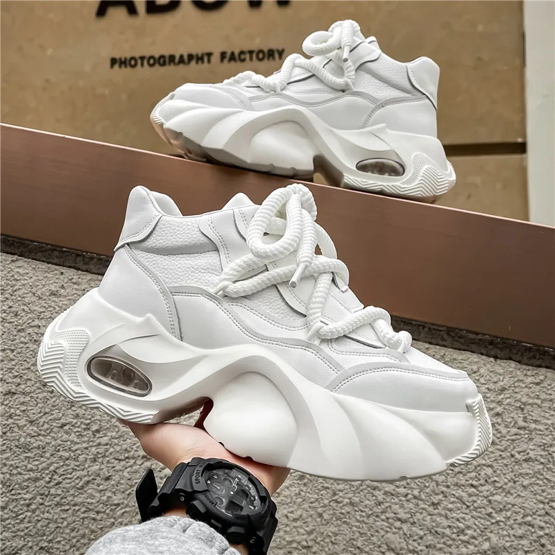 Men High Top Chunky Dad Sneakers Thick Wave Air Cushion Midsole Thick Rope Laces Leather Platform Street Fashion Casual Shoes