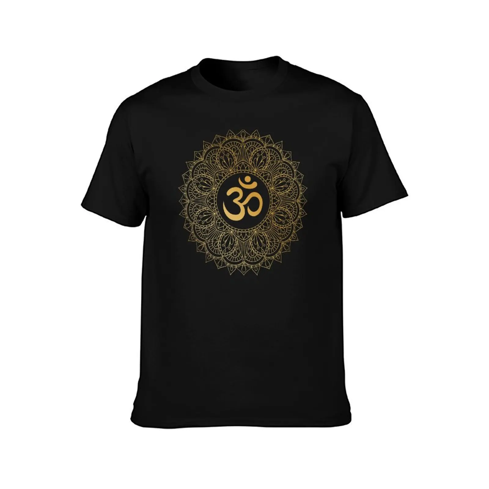 Golden Aum Om Ohm symbol in decorative round mandala ornament. T-Shirt Trend Art Print T-Shirt