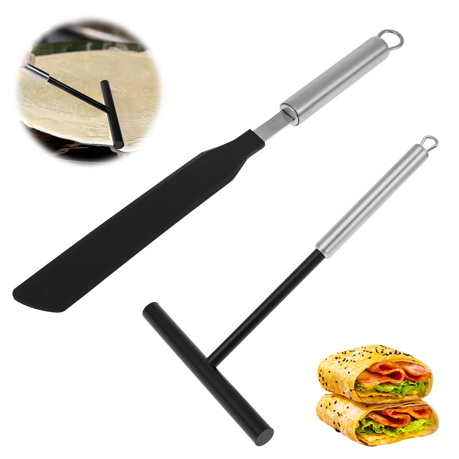 2PCS Edelstahl Kuchen Treuer Nicht Stick Mit Hängen Loch Französisch Crepe Spreader T Form Teig Spachtel Backen Werkzeug