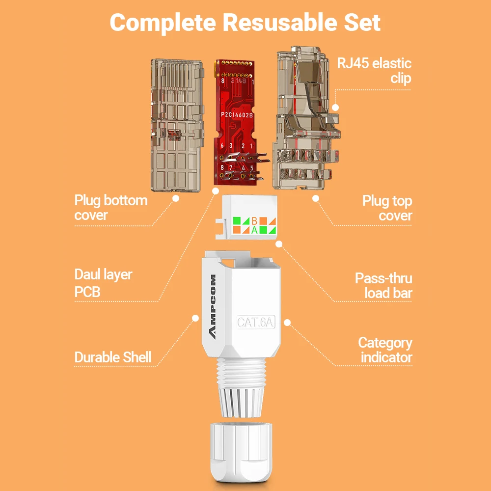 AMPCOM RJ45 Connector Tool Free CAT6A CAT6 10Gbps UTP Field Modular Plug Tool free Ethernet Reusable Termination Lan Plugs 1pcs